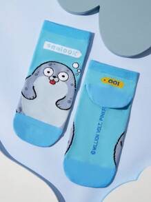 SEALOOK X SHEIN 4 Cặp Vớ Ngắn Thoáng Khí Mềm Mại Thấm Hút Hoạt Hình Dễ Thương Cho Nữ, Mũi Và Gót Chân Được Gia Cố Tăng Độ Bền, Phù Hợp Với Mọi Mùa, Unisex, Sọc, Xanh Dương, Seal - Nhiều màu - Xem 9