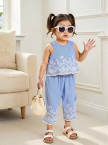 2pcs/Set Baby Girl 2025 Summer New Sleeveless Tank Top + Casual Long Pants Suit - Blue - View 3