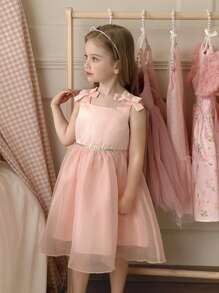 SHEIN Vestido sin mangas elegante y con decoración de lazos rosados para niñas jóvenes