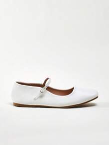 Solezae Top-Seller Women's Adjustable Strap French-Elegance Square Toe PU White Mary Jane Flats–Classic, Elegant & Versatile - White - View 4