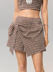 SHEIN MOD Quần short quấn phía trước họa tiết kẻ caro cho nữ, trang phục mùa hè thanh lịch, tốt nghiệp, sinh nhật, kỳ nghỉ, bãi biển, mùa hè, buổi hẹn hò lãng mạn, phong cách quý tộc cổ điển cho nữ, vải gingham - Cà phê nâu - Xem 1