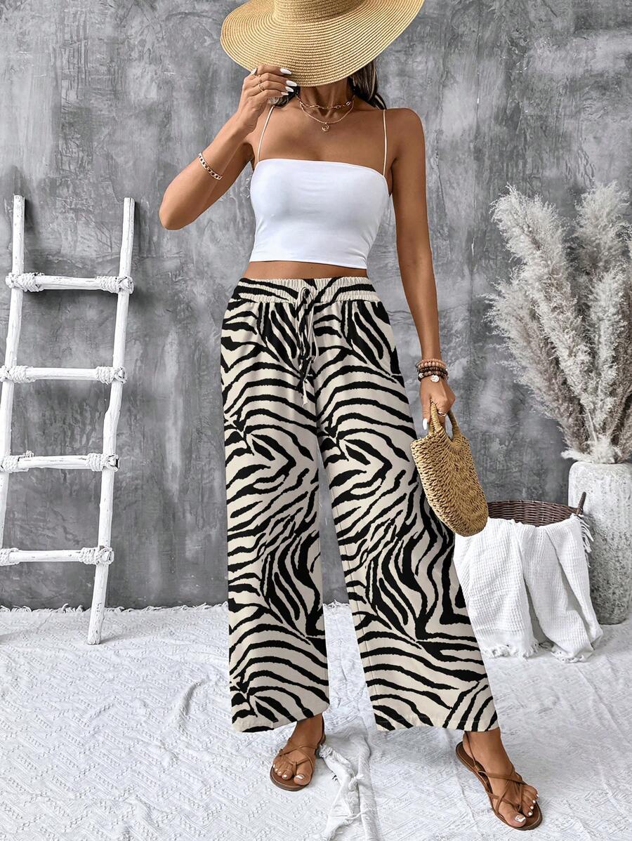 INAWLY Women's Zebra Print Tie-Waist Wide Leg Pants Fall Cloth For Women - Multicolor - View 1