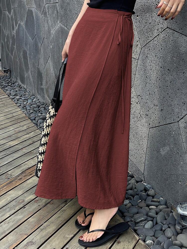 Women's Solid Color Lace-Up Casual Long Wrap-Around Skirt, Summer Women Summer Clothing Woman Summer Clothes Work Summer Women Summer Sets Linen