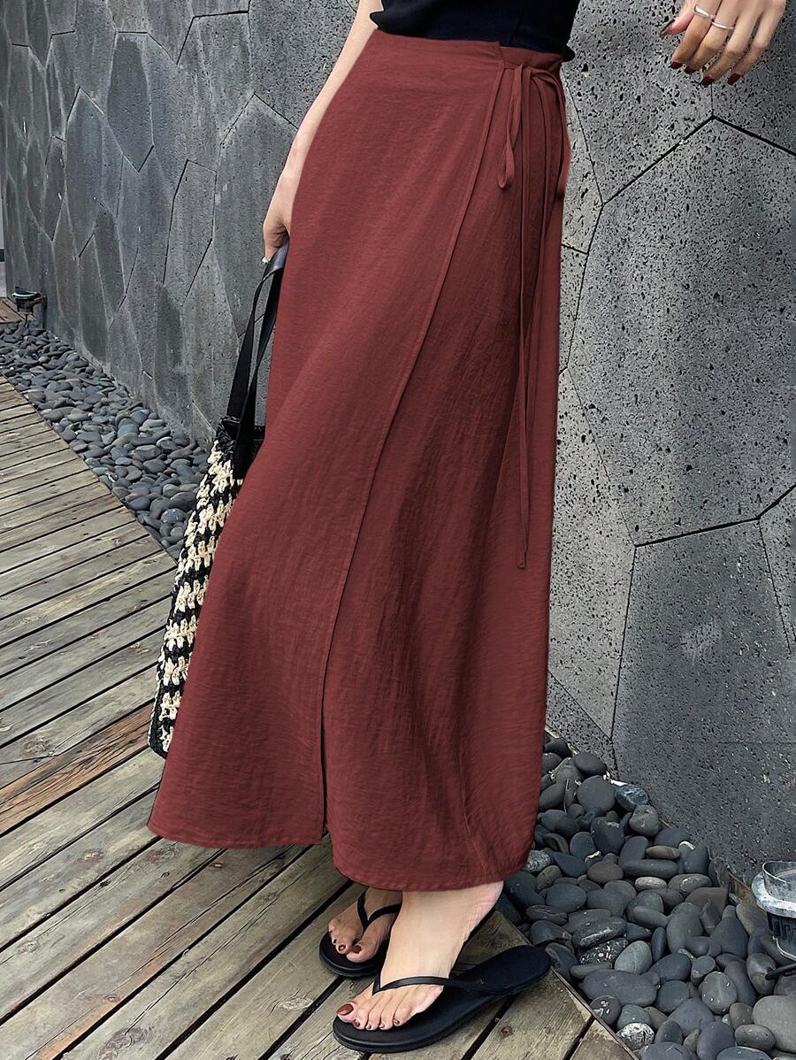 DAZY 女士纯色系带休闲长款裹身裙,夏季女装,夏季女装,夏季工作装,夏季女士套装,亚麻材质 - 酒紅色 - 查看 1