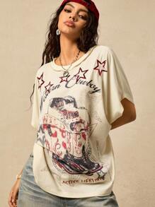 Easelle Women's Retro Printed Loose Batwing Sleeve Apricot Tee, Spring/Summer - Apricot - View 4