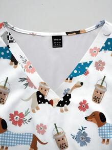 PopScrub Summer Floral & Cute Dog Printed Casual Nursing Scrub Uniform Top For Women - Multicolor - View 6
