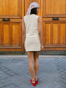 lacRébo 女士度假针织钩针迷你裙，配有松紧腰带和扇贝下摆海滩装 - 杏色 - 查看 3