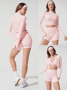 GLOWMODE FeatherFit™ Studio Stamina Swea - 吸湿排汗修身长袖拇指孔短款拉链运动夹克低冲击瑜伽普拉提工作室日常休闲服 - 淺粉色 - 查看 7