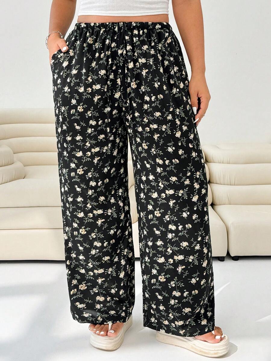 SHEIN EZwear 女式加大码度假风碎花宽松阔腿裤，带口袋 - 彩色 - 查看 1