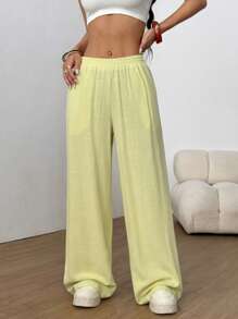 SHEIN EZwear Solid Slant Pocket Linen Wide Leg Pants,Cargo Pants - Lime Green - View 3