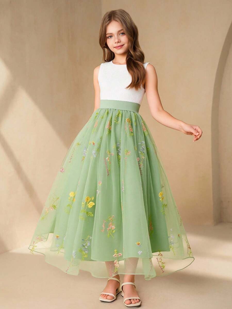 Tween Girls Sleeveless Round Neck Embroidered Floral Jacquard Mesh Princess Dress, Elegant Wedding Flower Girl Bridesmaid Party Gown - White - View 1