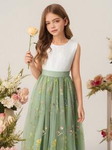 Tween Girls Sleeveless Round Neck Embroidered Floral Jacquard Mesh Princess Dress, Elegant Wedding Flower Girl Bridesmaid Party Gown - White - View 5