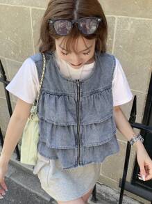 FRIFUL 女士纯色拉链分层无袖休闲牛仔背心女装女士夏季套装夏季服装女士夏季衬衫女士服装 Y2k - 藍色 - 查看 4