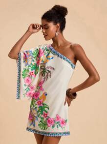 Travachic 女式热带棕榈树印花不对称领口喇叭袖度假连衣裙，女士度假装，女士度假装，海滩度假装，女士夏季服装，女士夏季连衣裙，女士连衣裙，夏季连衣裙 - 彩色 - 查看 3