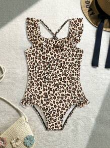 新款时尚女童泳衣，全身豹纹印花，颈部有荷叶下摆。 - 彩色 - 查看 1