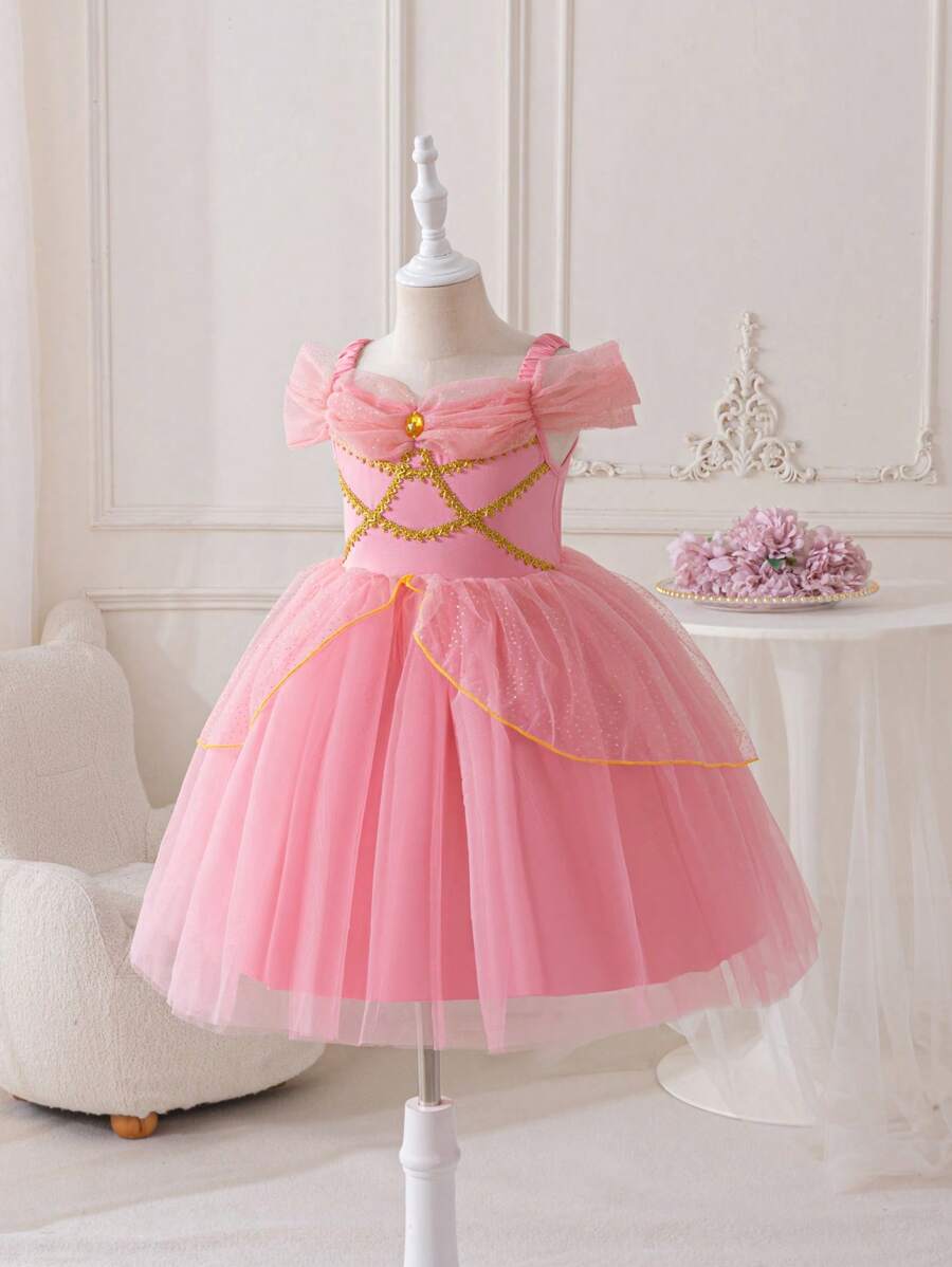 SHEIN Glamorique Kids 小女孩公主针织连衣裙，虾粉色，金色丝带，派对礼服，闪光印花，生日派对，婚礼，节日，四季皆宜，日常穿着 - 藕粉色 - 查看 1