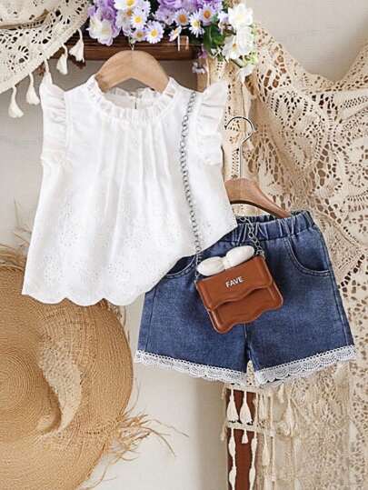 SHEIN Vintaside Kids 2 件套女婴刺绣蕾丝荷叶边衬衫 + 花卉牛仔短裤套装，夏季