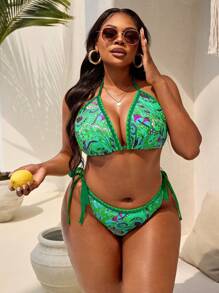 Slaydiva Plus Size Women's Random Printed Two-Piece Swimsuit Set For Summer Beach Vacation - Multicolor - View 4