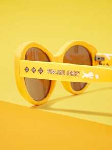 TOM & JERRY X SHEIN Round Frame Letter Graphic Fashionable Yellow Glasses - Yellow - View 1