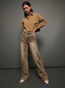 WESTFADE Premium 91% Cotton Denim 90s Straight Leg Jeans - Khaki - View 6