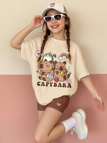 SHEIN 2 Stücke Set für Tween Mädchen mit süßem Capybara Muster, lockeres Kurzarm-T-Shirt und Shorts, Pastellfarbe, lässig und schlicht, geeignet für den Sommer