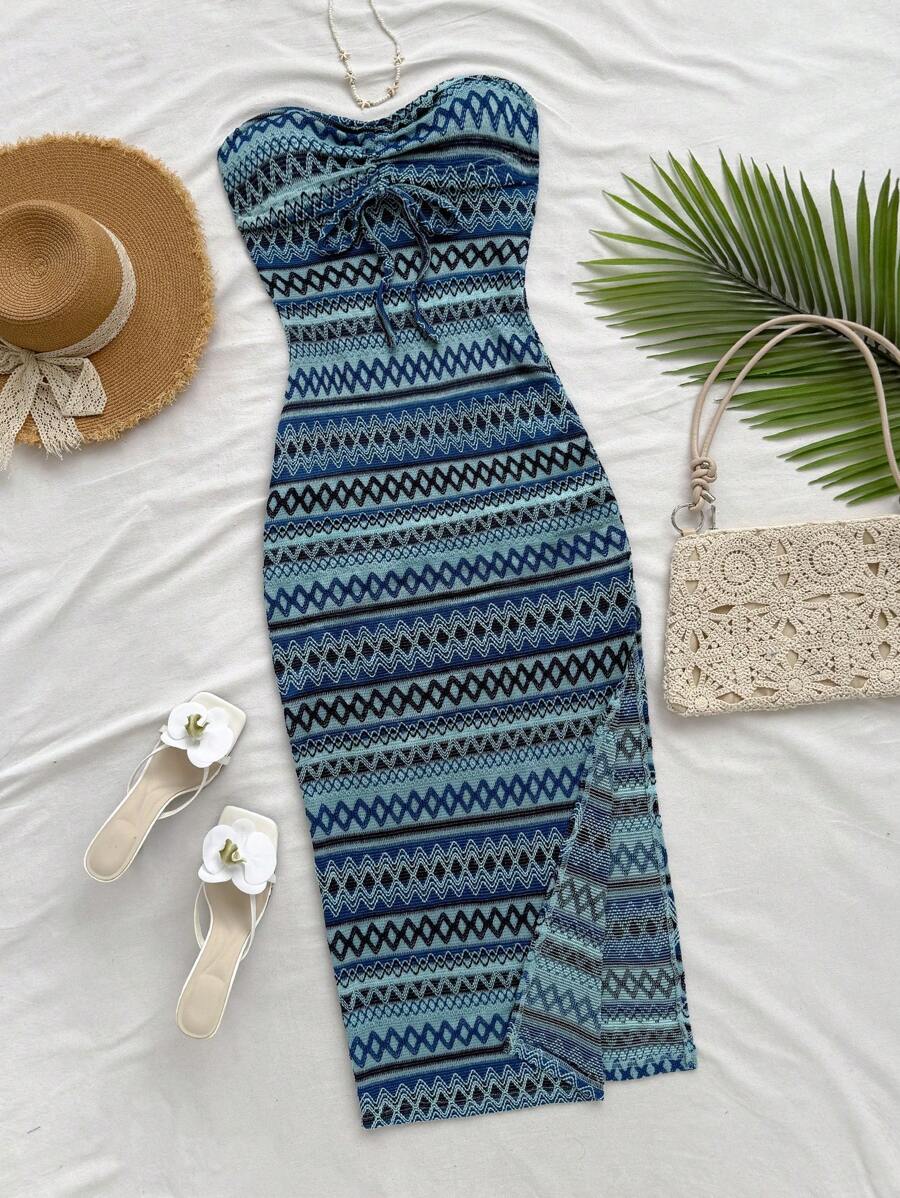 Soleia Váy kẻ sọc xếp ly buộc phía trước cho nữ Trang phục đi biển mùa xuân hè cho phụ nữ - Nhiều màu - Xem 1