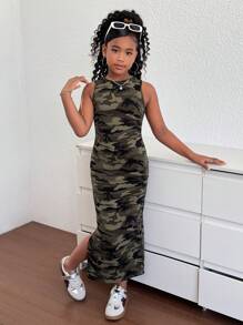 SHEIN Tween Girls' Casual Fashion Army Green Knit Camouflage Waist Ruched Sleeveless Dress - Green - View 5