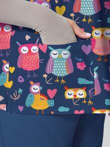 PopScrub Blusa de verano informal tipo uniforme de enfermería para mujer talla grande con lindo estampado de búho y corazón arcoíris