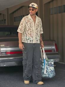 AXEPEAK 多尺寸街头时尚翻领短袖宽松男士衬衫，街头服饰