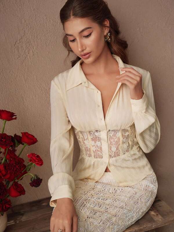 Savoree Vintage Romantic Elegant Date Party Versatile Striped Patchwork Sheer Lace Fish Bone Fitted Waist Long Sleeve Blouse For Women, Spring/Summer
