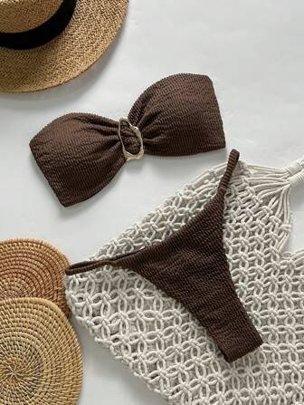 Swim Chiccia Frühlings-Break Damen Bademode Sommer 2-Teiler, Damen Jacquard trägerloses Bikini-Set mit Metalldekor