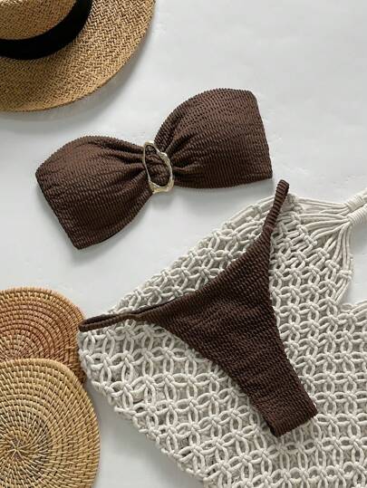 Swim Chiccia Spring Break Women Beachwear Summer 2-Piece Outfits, Women Jacquard Strapless Metal Decor Sexy Bikini Set Brown
