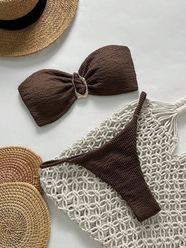 Swim Chiccia Îmbrăcăminte de plajă pentru femei, vară, din 2 piese, set de bikini sexy pentru femei, cu decor metalic, fără bretele, jacquard