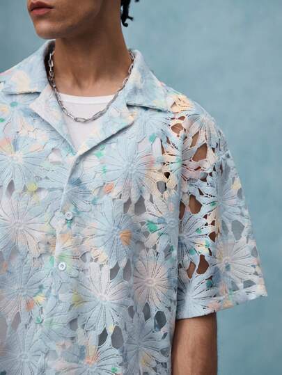 Street Life Men's Vacation Openwork Color Block Drop Shoulder Short Sleeve Casual Single Breasted Shirt, Summer