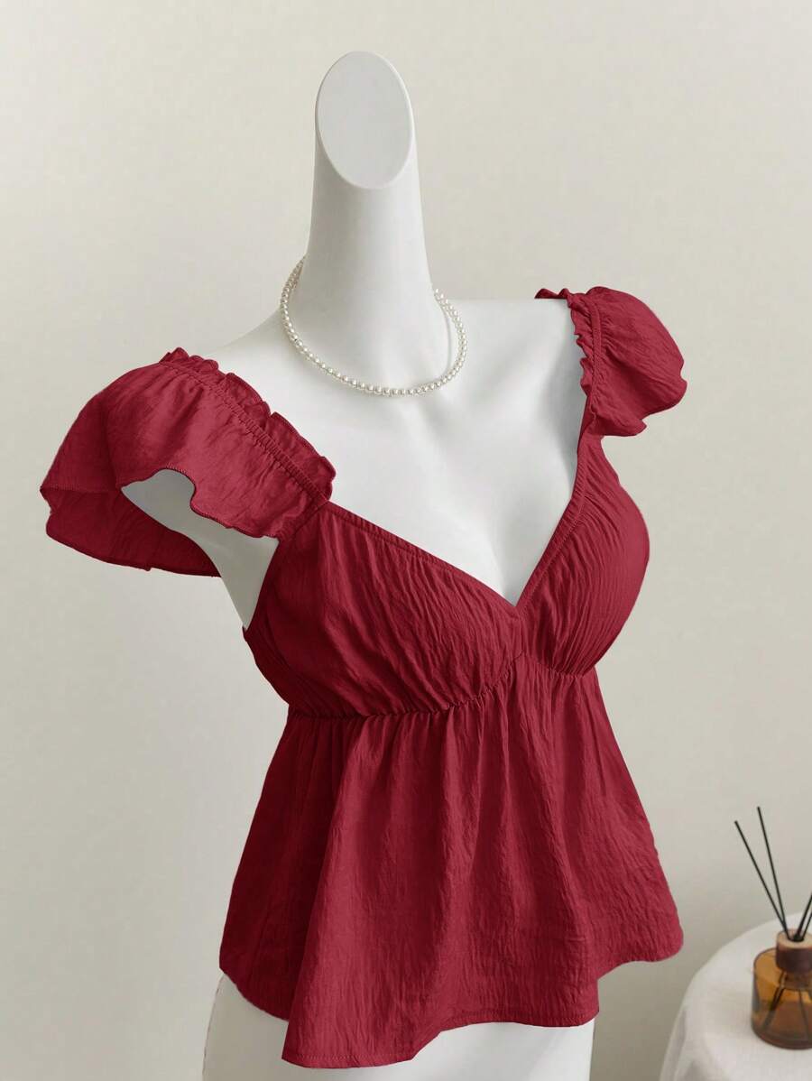 Elamini 蓝色甜美女仆领盖袖性感露背低V领短款吊带背心上衣 - 酒紅色 - 查看 1