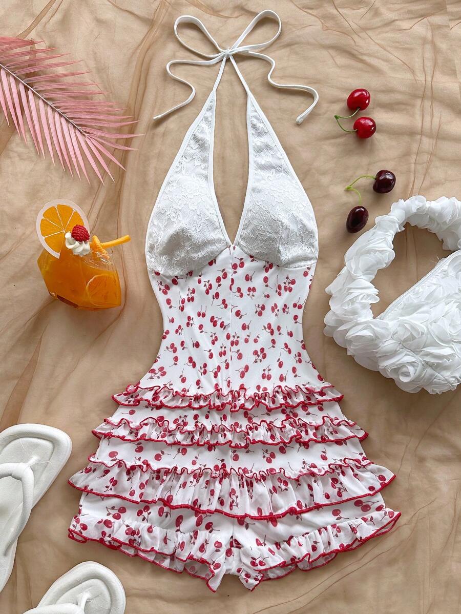 Soleia Tuta da donna vintage con stampa a ciliegie, scollo a V, collo alto, volant sulla gonna, stile casual da vacanza, adatto per il ritorno a scuola, matrimoni, tè pomeridiani, festival musicali - Rosso e Bianco - Visualizzare 1
