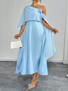 Elenzga Plus Size Women Holiday Casual Solid Color Asymmetrical Collar Ruffles Decorative Slip Dress - Blue - View 4