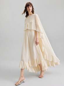 Ontre 2026春夏新款女士长款荷叶边连衣裙，雪纺面料，适合度假穿着 - 卡其色 - 查看 2