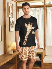 SHEIN Ginger Knitted Giraffe Print Men Pajama Set - Black - View 7