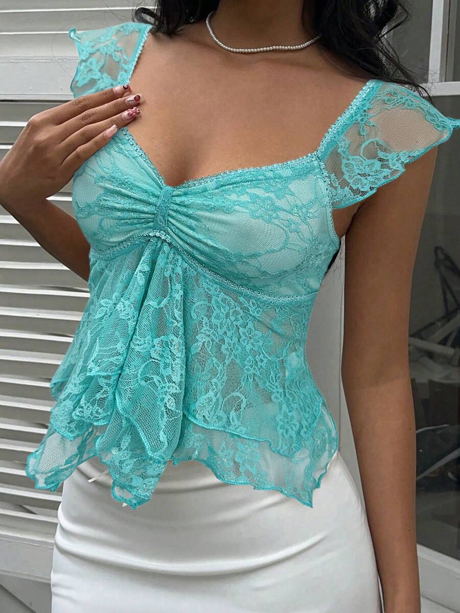 SHEIN EZwear 优雅蓝色蕾丝不对称下摆女式T恤,夏季 - 藍色 - 查看 1