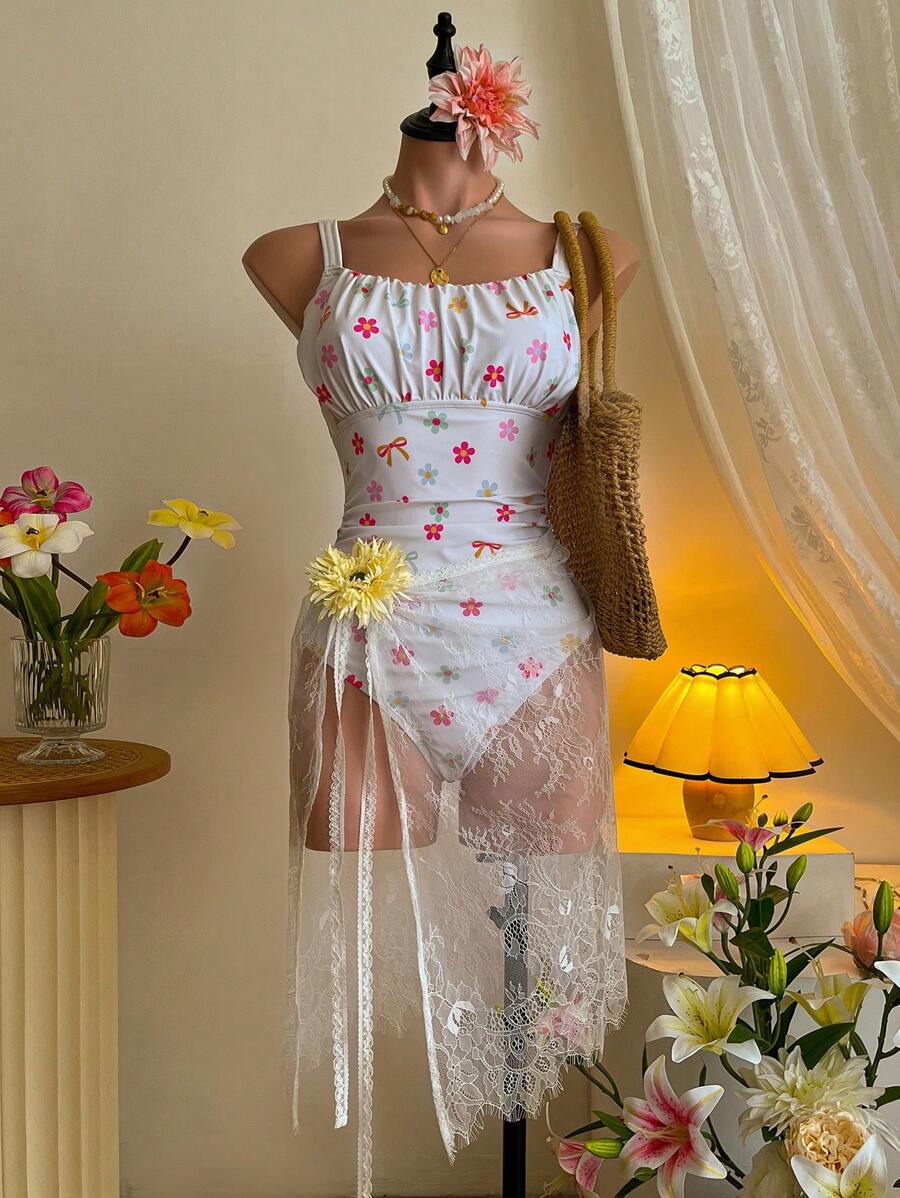 SHEIN MOD Ruched Bust Cinched Waist Ditsy Floral Colorful One-Piece Swimsuit - Multicolor - View 1