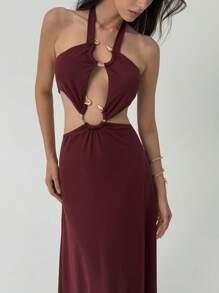 Aloruh Sexy Lace-Up Halter Hollow Metal Ring Backless Dress For Women, Going Out - Red Violet - View 1