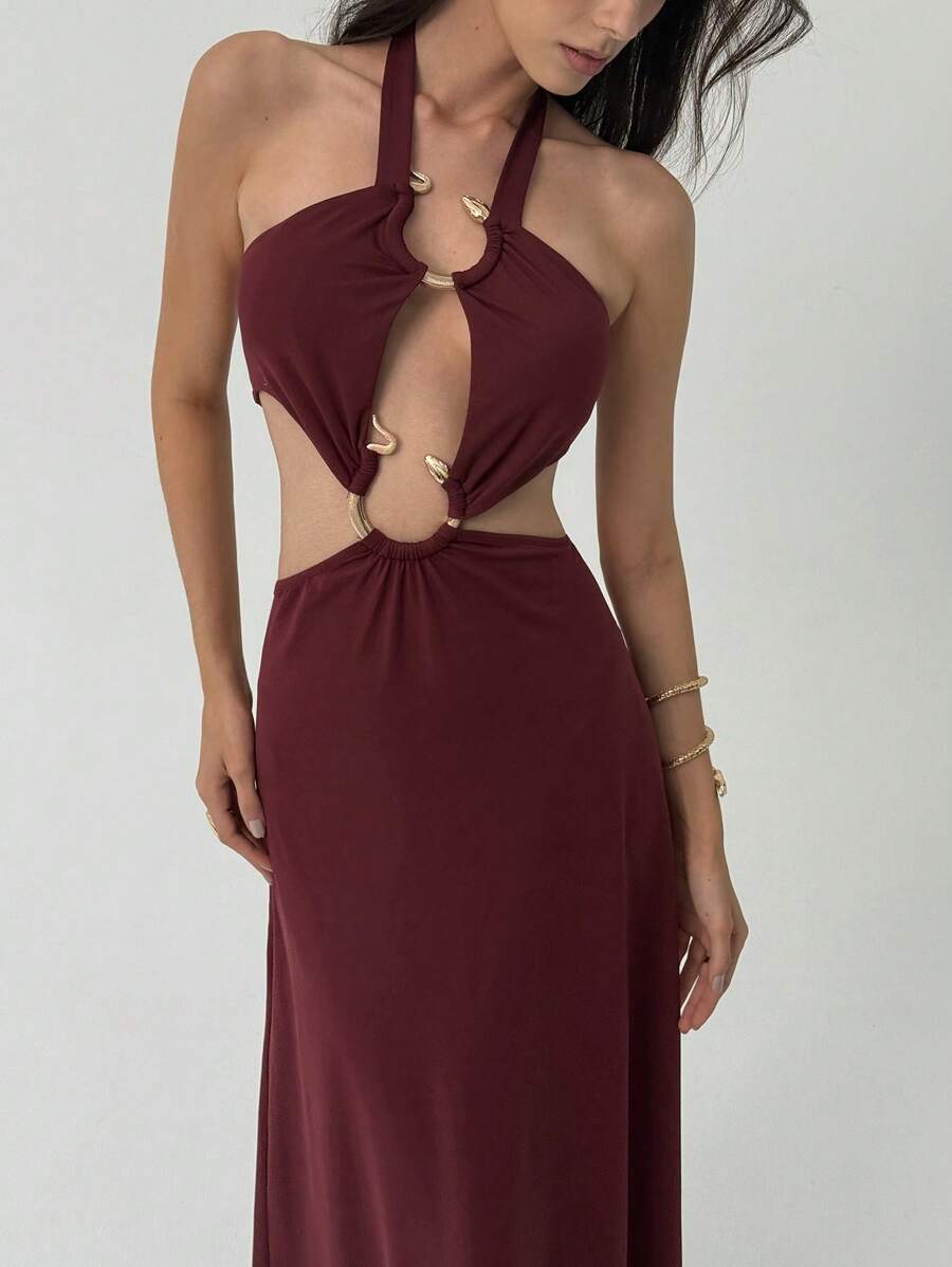 Aloruh Sexy Lace-Up Halter Hollow Metal Ring Backless Dress For Women, Going Out - Red Violet - View 1