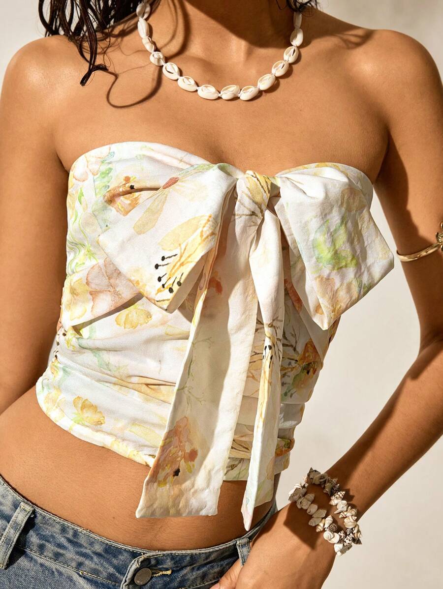 Easelle 女式春夏露肩领口系带花卉图案纹理面料修身上衣 - 彩色 - 查看 1