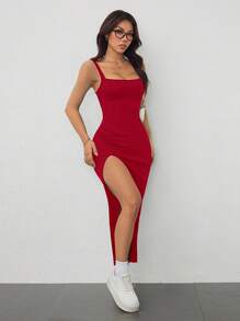 SHEIN PETITE High Elastic Rib Knit Wide Shoulder Strap Women's High Slit Slim Long Dress
