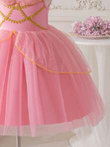 SHEIN Glamorique Kids 小女孩公主针织连衣裙，虾粉色，金色丝带，派对礼服，闪光印花，生日派对，婚礼，节日，四季皆宜，日常穿着 - 藕粉色 - 查看 4