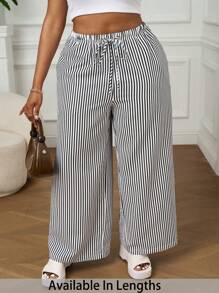 SHEIN PETITE CURVE Plus Size Striped Pants, Fashionable For Summer Vacation For People Of Shorter Stature Country Concert - Black - View 5