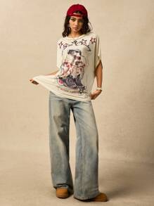 Easelle Women's Retro Printed Loose Batwing Sleeve Apricot Tee, Spring/Summer - Apricot - View 2