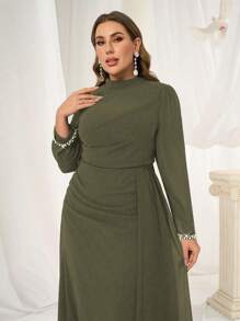 Coutiva Plus Size Luxury Evening Gown, Ball Gown Dress With Sequin Pearl Trim, High-End Elegant Lady Dress - Army Green - View 3