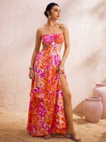 Swim Oasis Women's Floral Print Halter Cut-Out Back Long Ruffle Hem Elegant Loose Vacation Dress,Yellow, Red, Halter, Resort, Clashing, Cutout, Mature, Ruffled, Pumped, Dress, Split